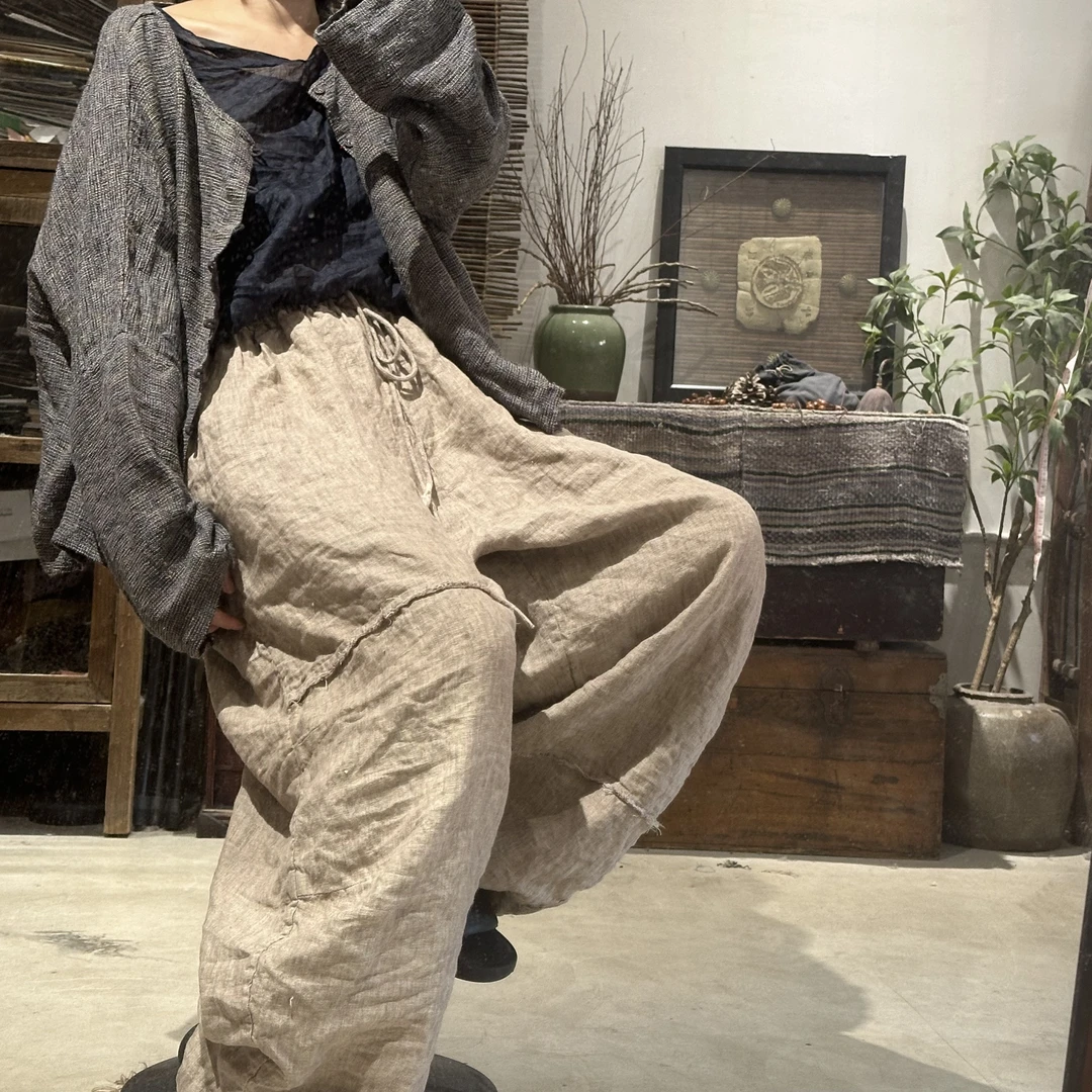 素年未央 SN92 复古拼接毛边色织亚麻松紧腰休闲长裤