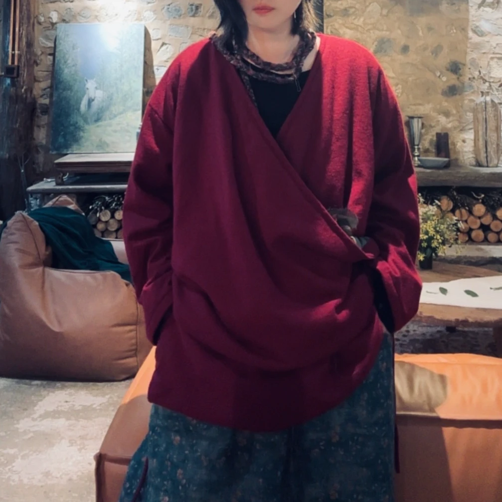 素年未央 SN108  文艺复古斜襟系带纯色毛呢休闲外套