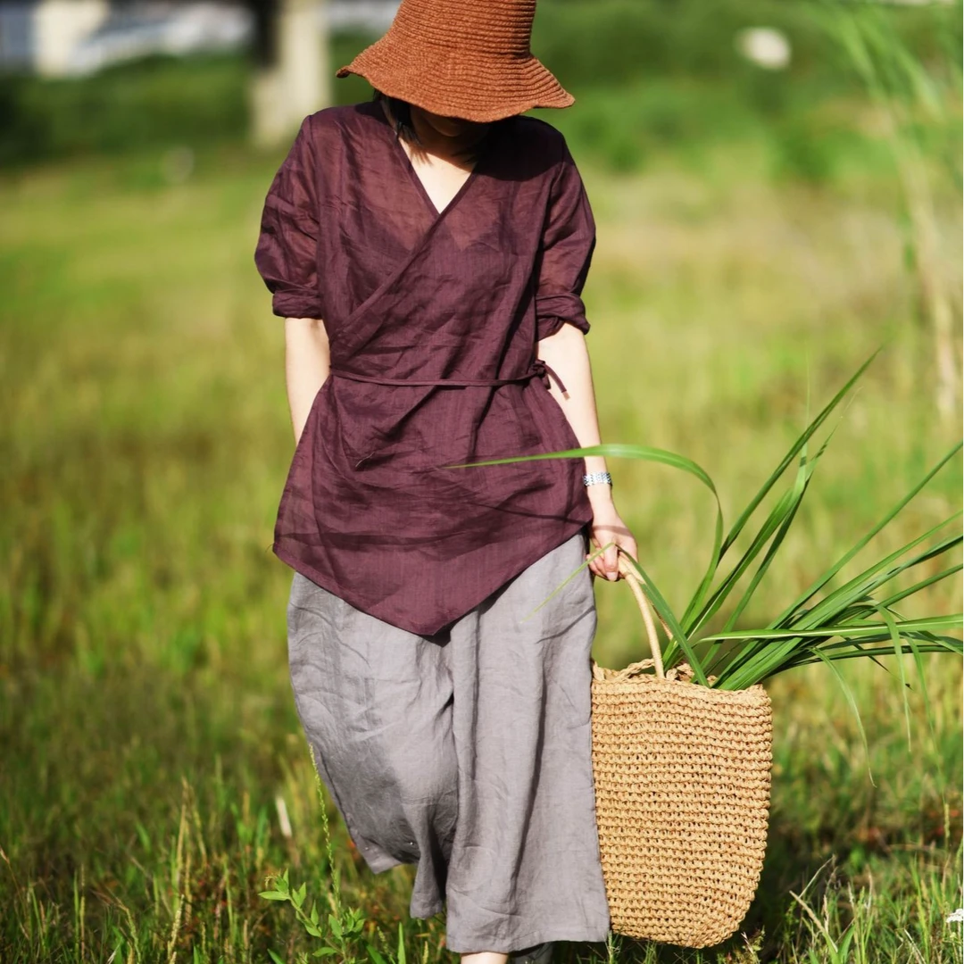 素年未央 十二卷/苎麻春秋夏季新款斜襟复古轻旅系带衬衫棉麻女装