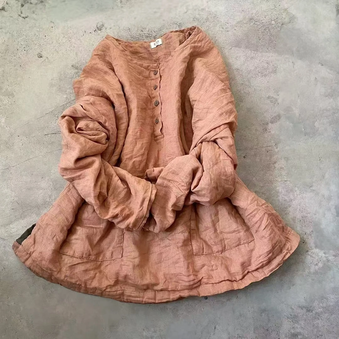 素年未央 SN111 秋冬休闲文艺百搭系扣亚麻夹棉套头衫