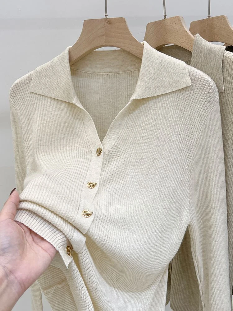 春秋季内搭修身设计感女毛衣开衫针织衫时尚上衣POLO领气质打底衫