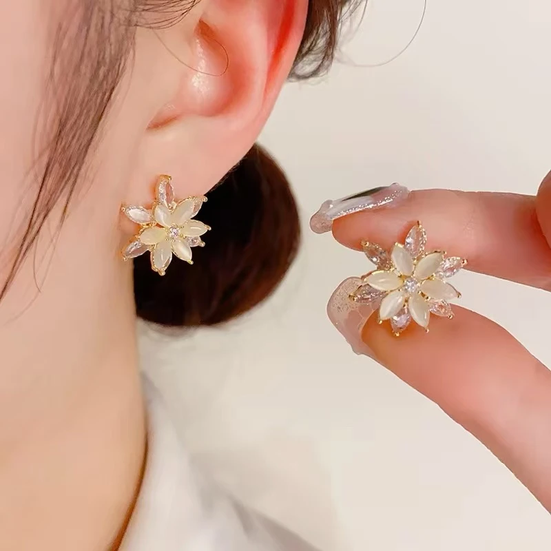 铜合金耳饰 韩式气质镶钻花朵耳环