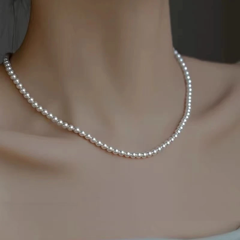 链子925银仿珍珠 贝珠仿珍珠项链S925银扣项链--卡4mm