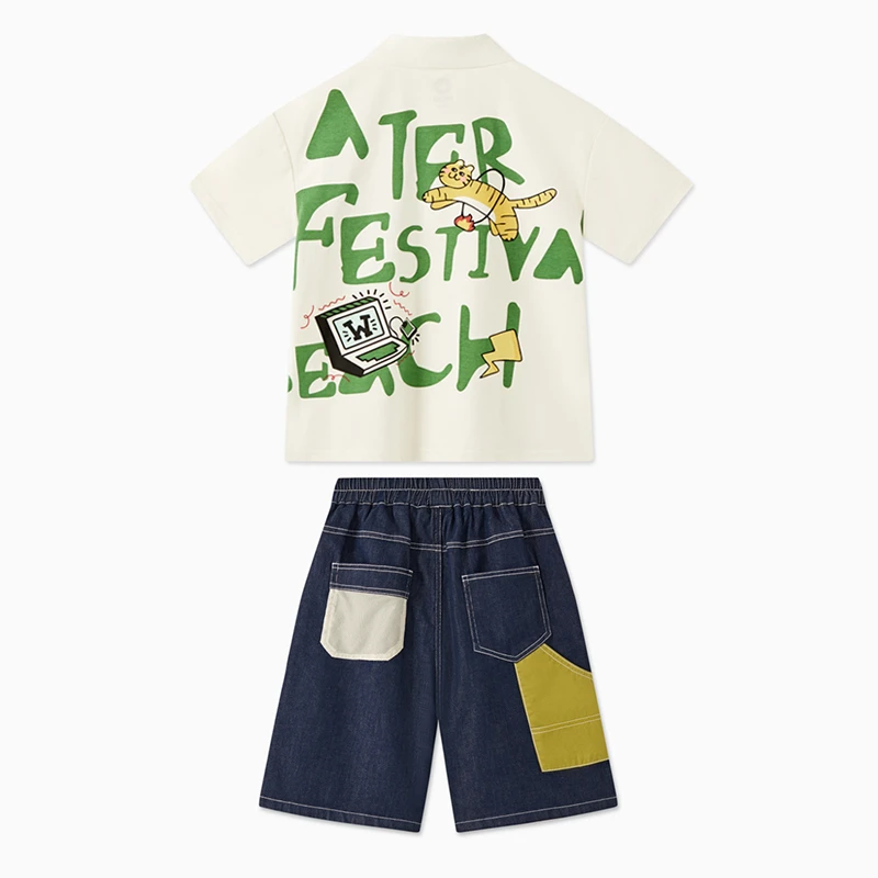 MQD童装儿童24夏时尚撞色字母印花宽松儿童T恤休闲套装TCW0423B