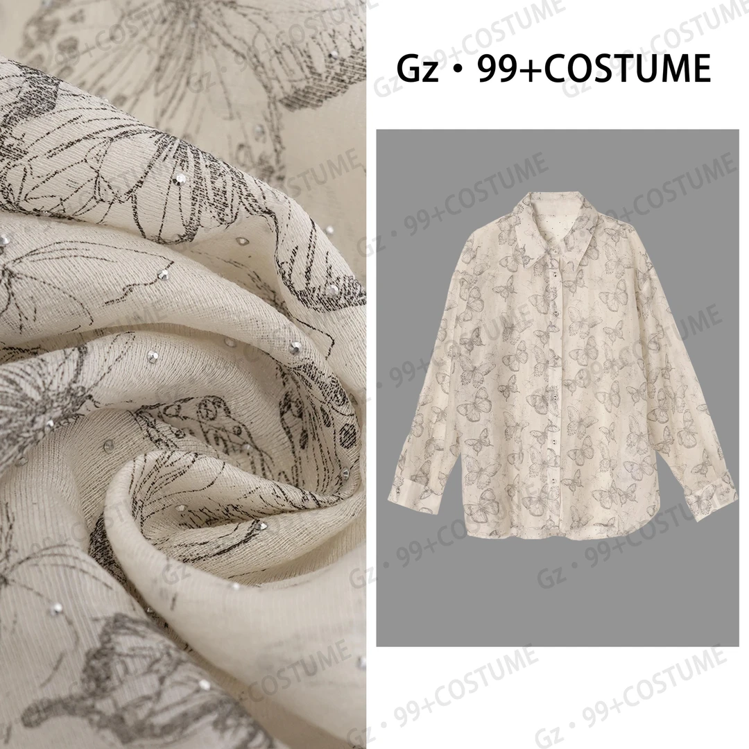 九儿【慵懒风情】春季新款遮阳衫满钻立体印花蝴蝶衬衫-T8887