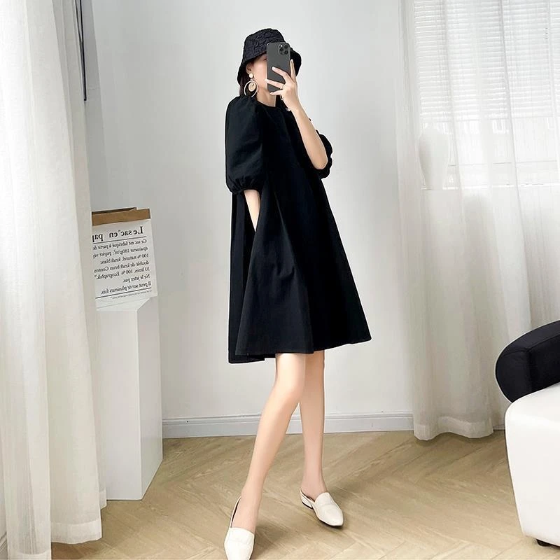 2025夏季新款宽松显瘦中长款大码连衣裙女圆领小个子赫本风小黑裙