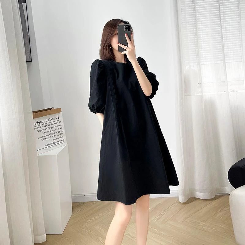 2025新款女装夏季宽松显瘦中长款连衣裙女圆领灯笼袖赫本风小黑裙