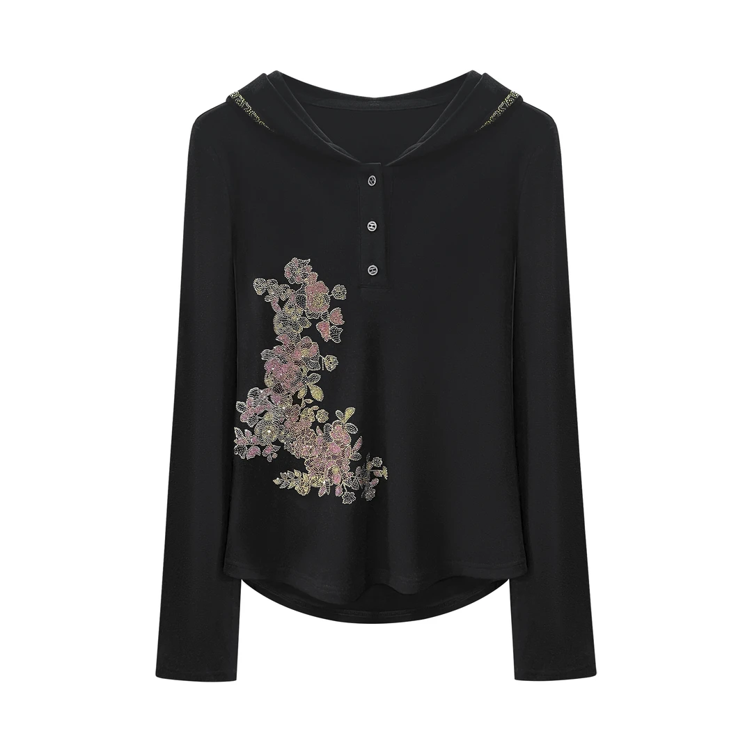 Robert Girme 秋冬设计师款轻奢重工烫钻针连帽长袖上衣#6291