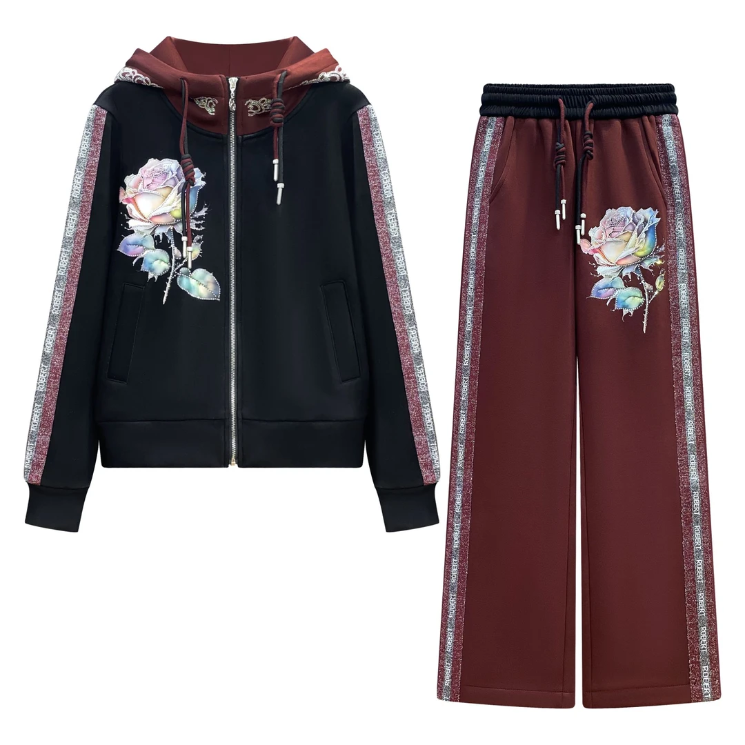 Robert Girm冬款加绒时尚玫瑰花烫钻休闲连帽百搭套装#6362/6363