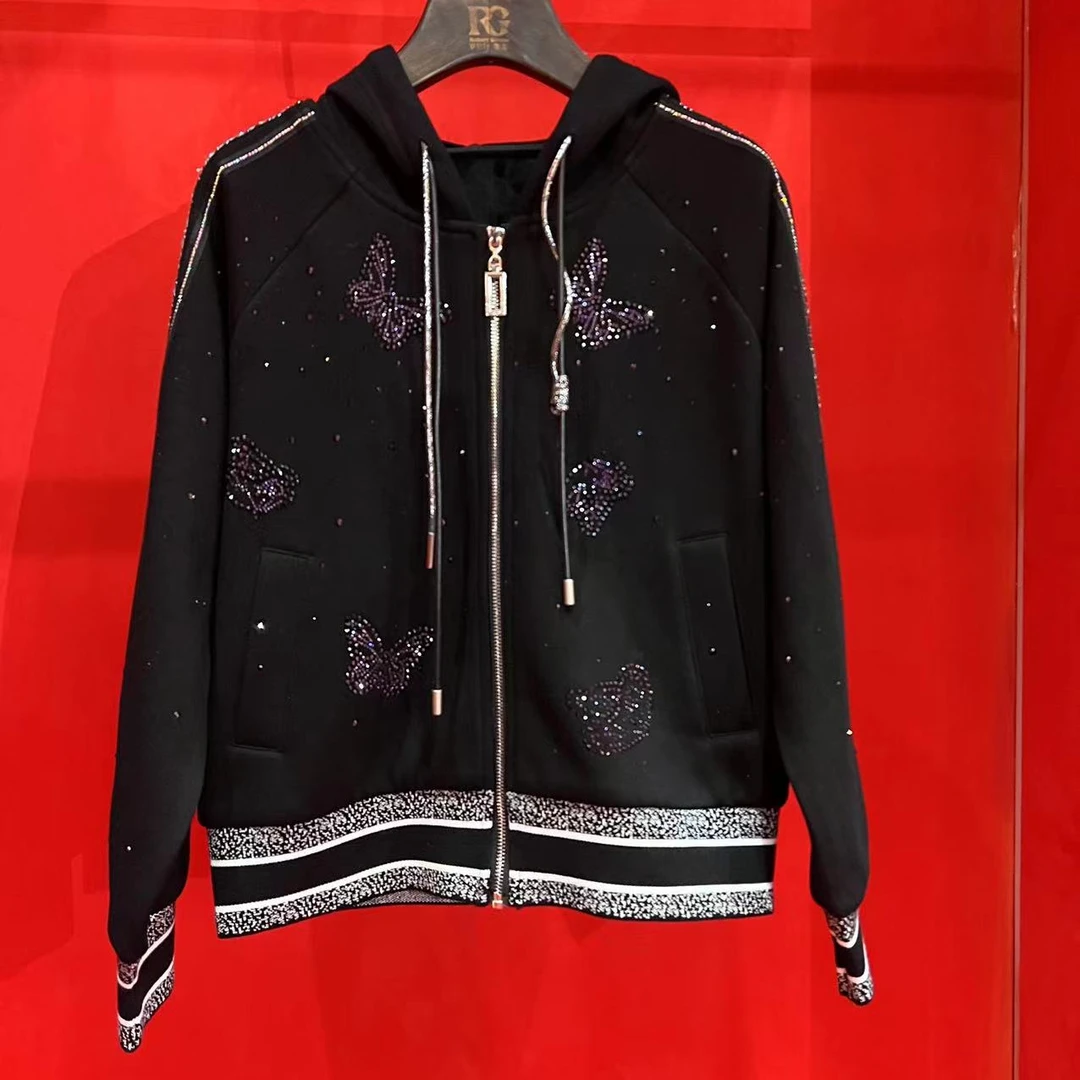 冬装设计师款【加绒加厚】时尚轻奢蝴蝶烫钻黑色上衣7529