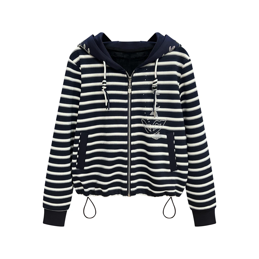 Robert Girme冬季【加绒】新款时尚烫钻百搭休闲连帽条纹上衣#2413