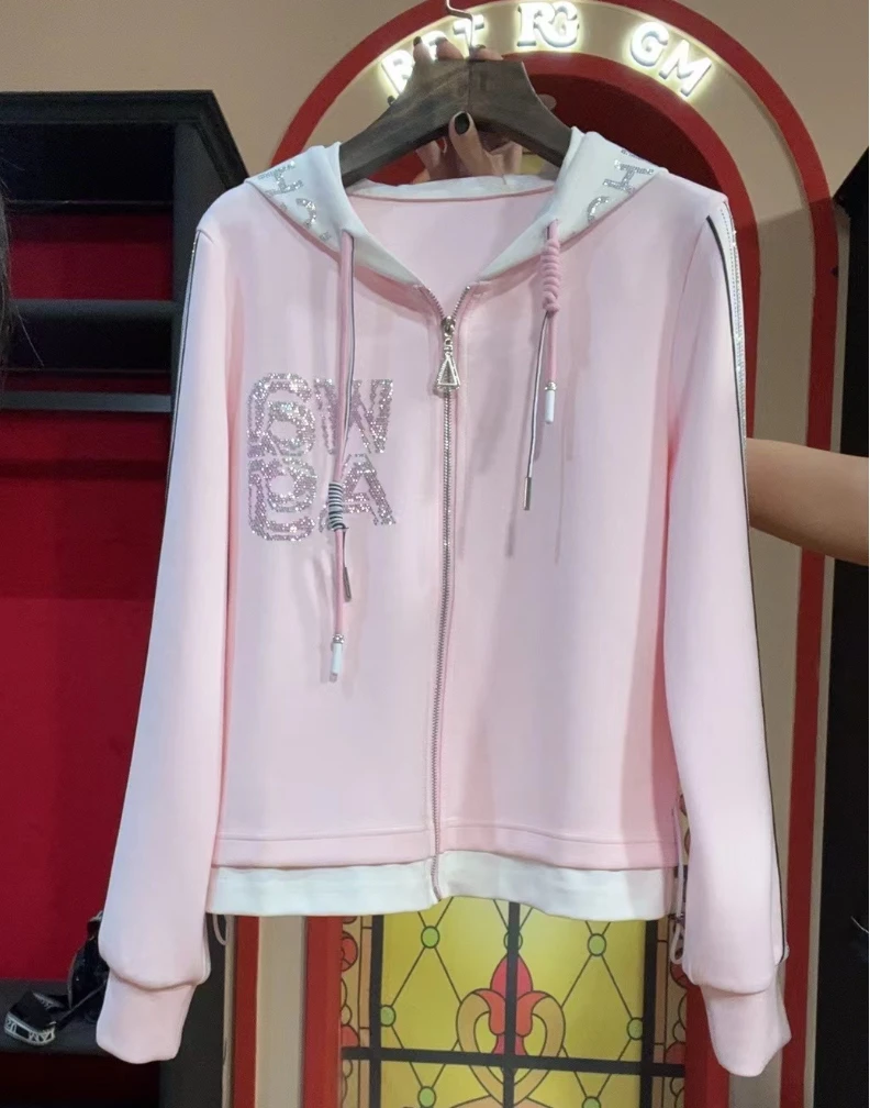 秋季新款时尚休闲减龄假两件长袖连帽开衫上衣外套#2167