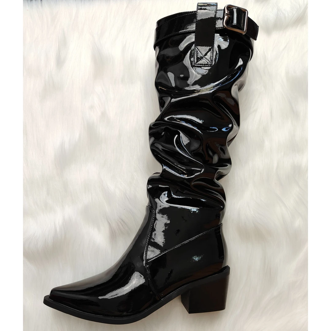 新疆包邮 新款 漆皮加绒 短靴 粗跟