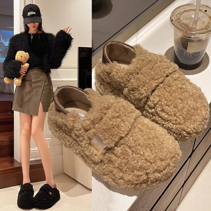 厚底一脚蹬时尚毛毛鞋女2024年秋冬新款复古洋气保暖加绒舒适棉鞋