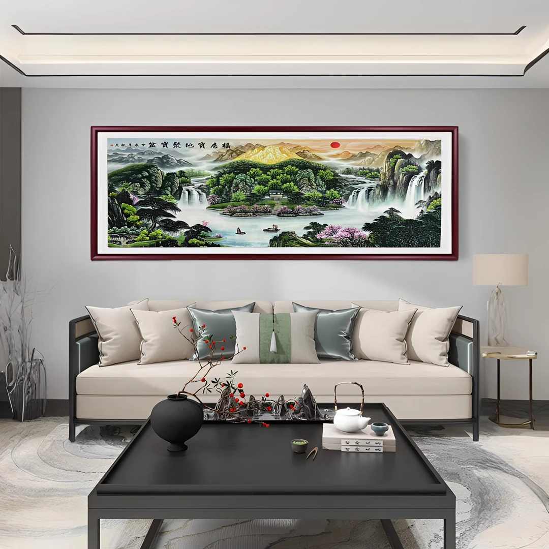 福居宝地聚宝盆日出东方东墙装饰画山水画沙发背景墙客厅挂画