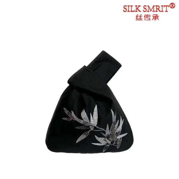 复古国风香云纱桑蚕丝刺绣手拎包女士手提包黑色简约便携