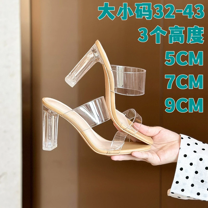 高跟鞋女2025年夏新款方头透明一字带粗跟凉拖鞋外穿
