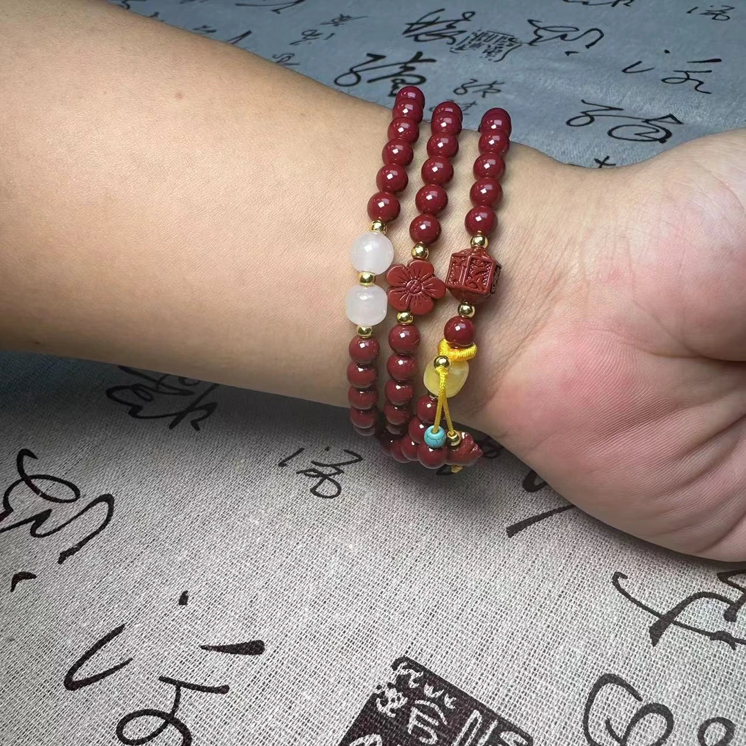 含辰砂工艺品三圈花开富贵ZS42高货精品手串紫红色女款手链饰品6m