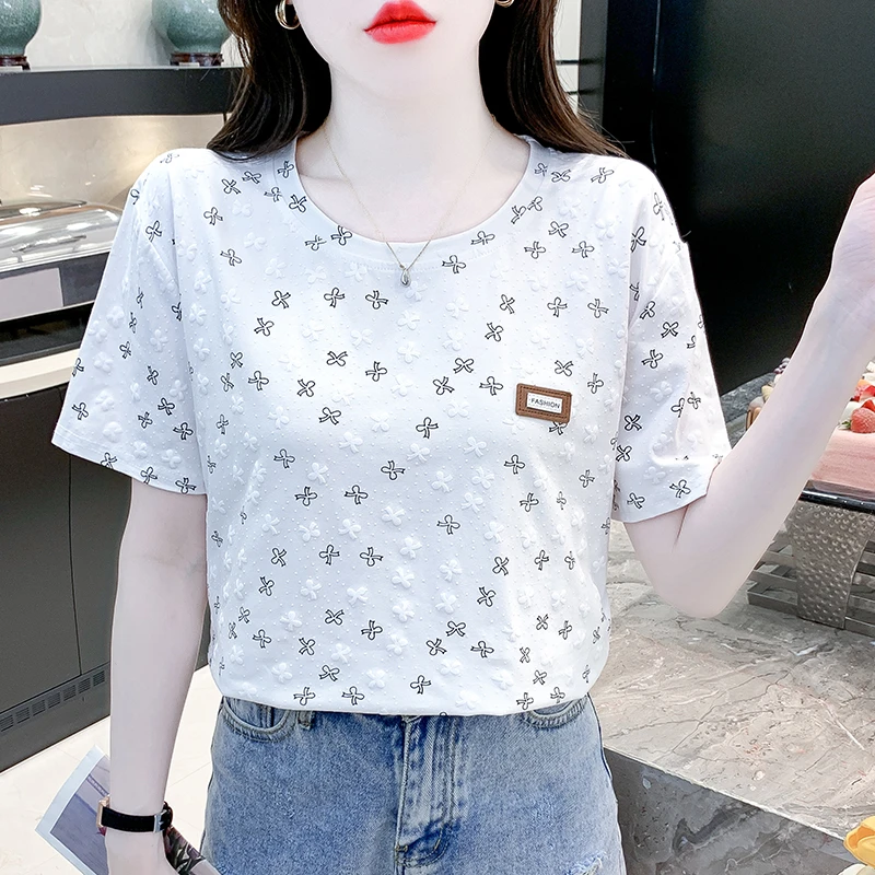 设计感短袖t恤女2024年新款宽松遮肚子上衣夏季薄款洋气印花体恤