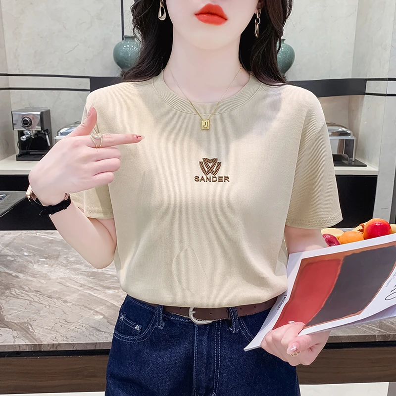 奶茶色正肩短袖t恤女士2025夏季新款休闲烫印圆领半袖体恤上衣潮