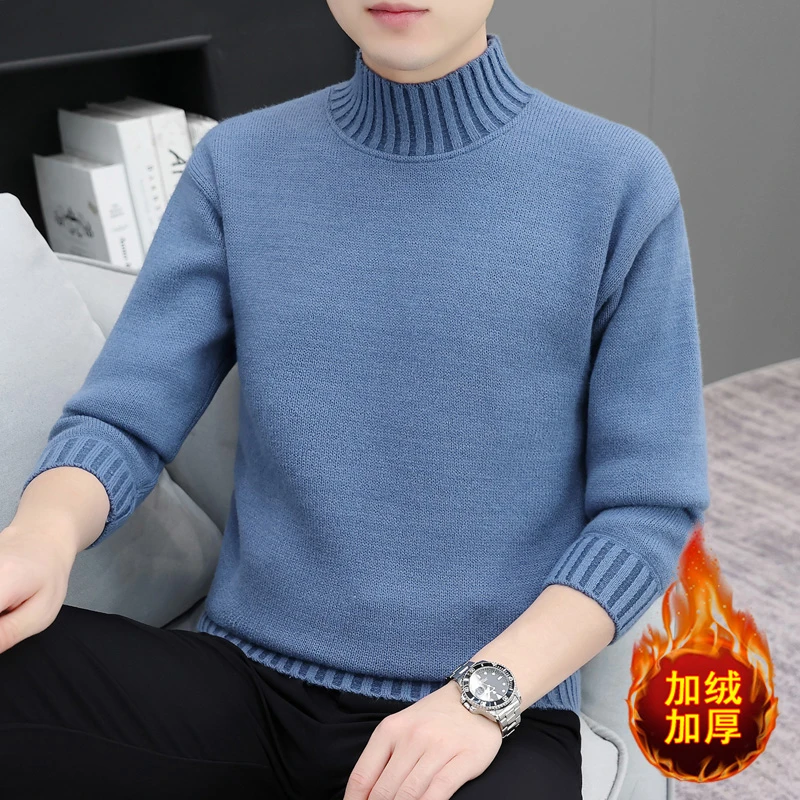 厚普33014 冬季新款 潮牌高品质 净色半高领平板加绒毛衣针织衫男