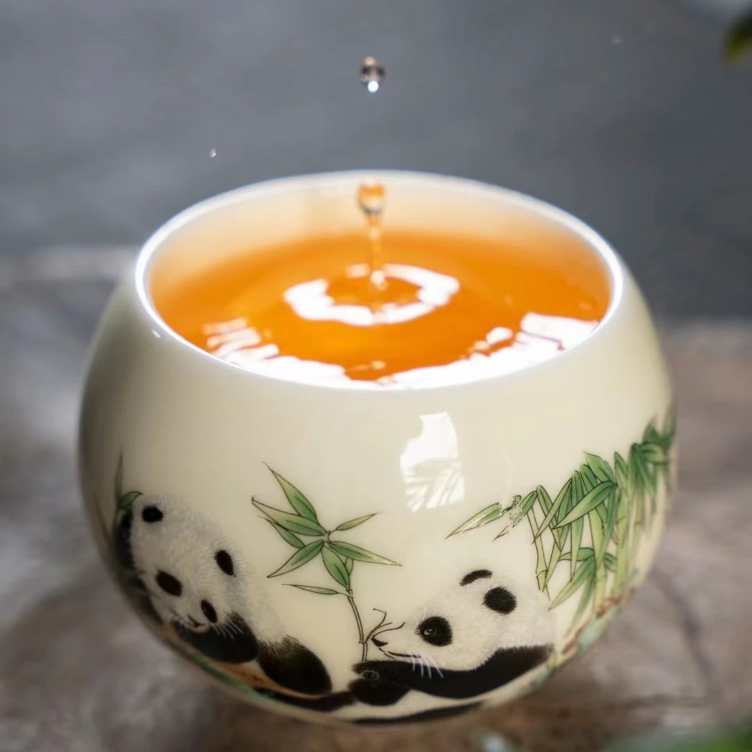 宝石黄中式陶瓷熊猫大号主人杯不倒杯罗汉杯家用主人杯茶杯茶具