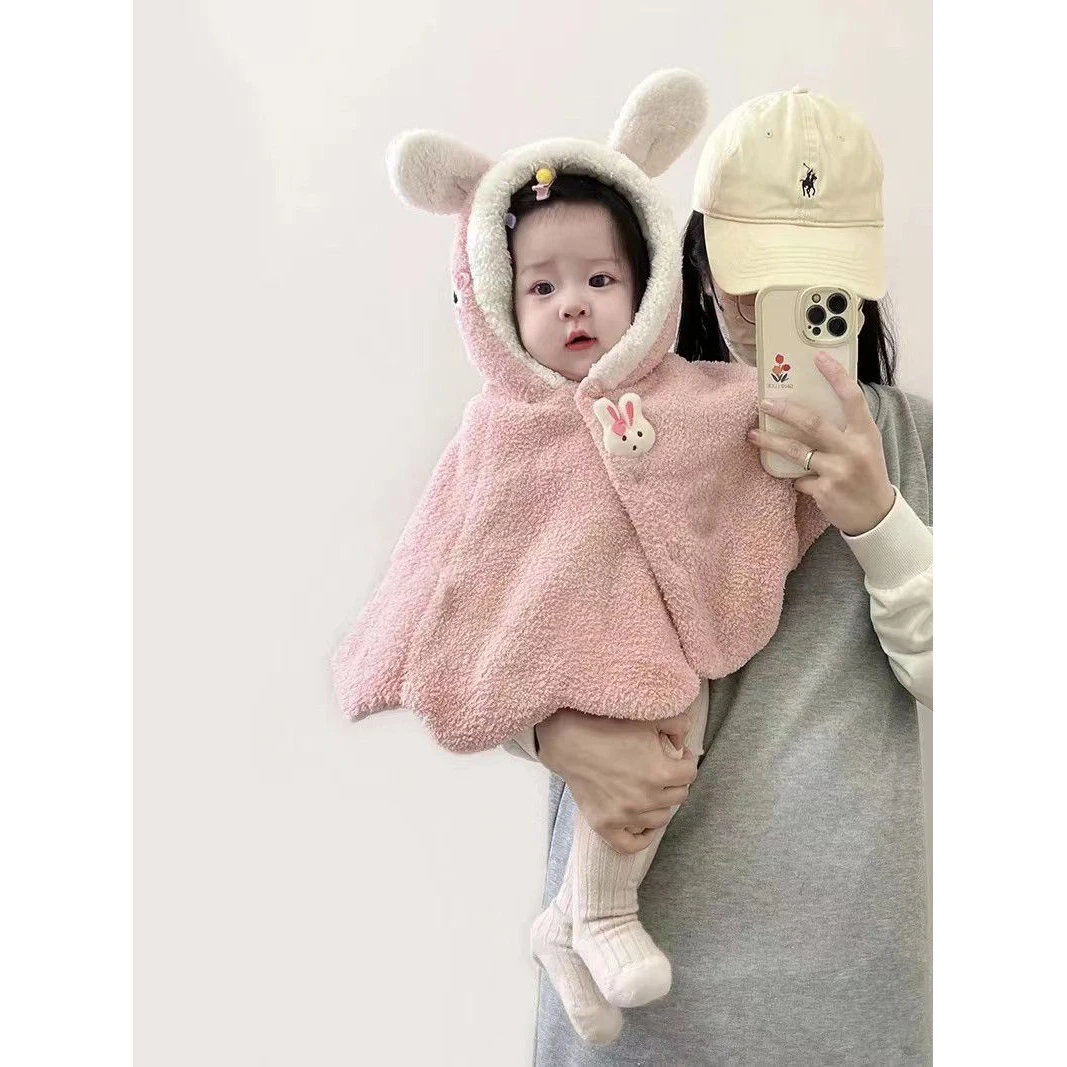 巴拉吧啦宝宝披风斗篷秋冬外出超萌连帽加绒披肩婴儿防风保暖上衣