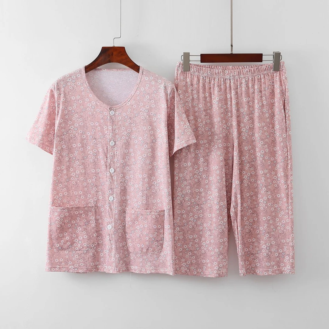 【碎花短袖七分家居服套装】中老年家居服宽松睡衣印花纯棉妈妈高腰