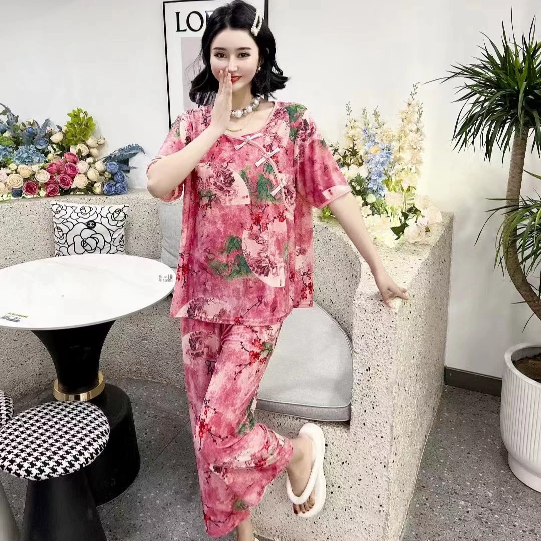 春夏国风大花时尚休闲气质显瘦宽松洞洞洋气大码中式睡衣女套装