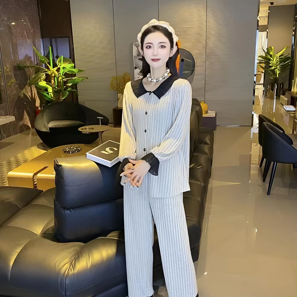 秋冬新款针织荷叶领拼花边袖时尚洋气减龄宽松显瘦韩版睡衣女套装