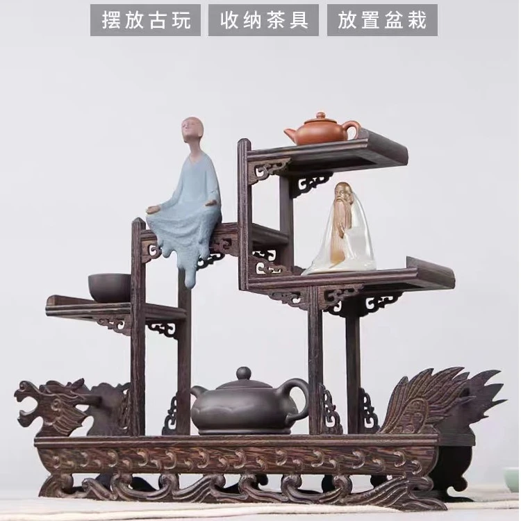 鸡翅木小博古架实木中式龙舟多宝阁茶壶茶具架子置物架摆件展示架