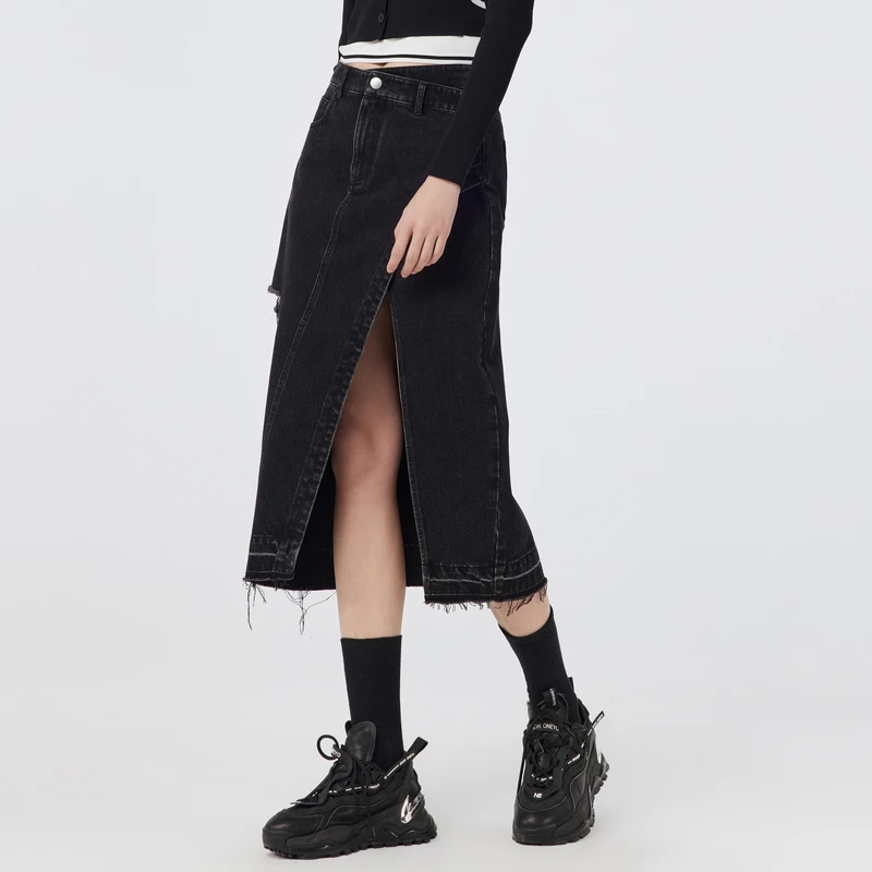 H.GENTEEL荷高新款夏装女深灰色前片开叉半裙GUD21710619