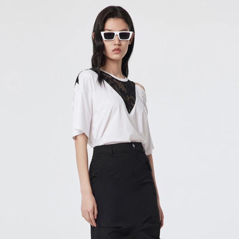 H.GENTEEL荷高23夏装女黑白拼接圆领套头宽松落肩T恤GUD25620668