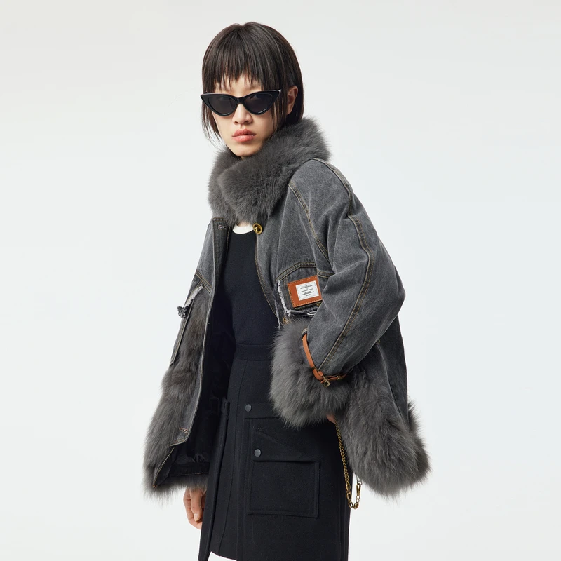 H·GENTEEL荷高22冬新 牛仔狐狸皮毛拼接假两件羽绒服GCC42590801