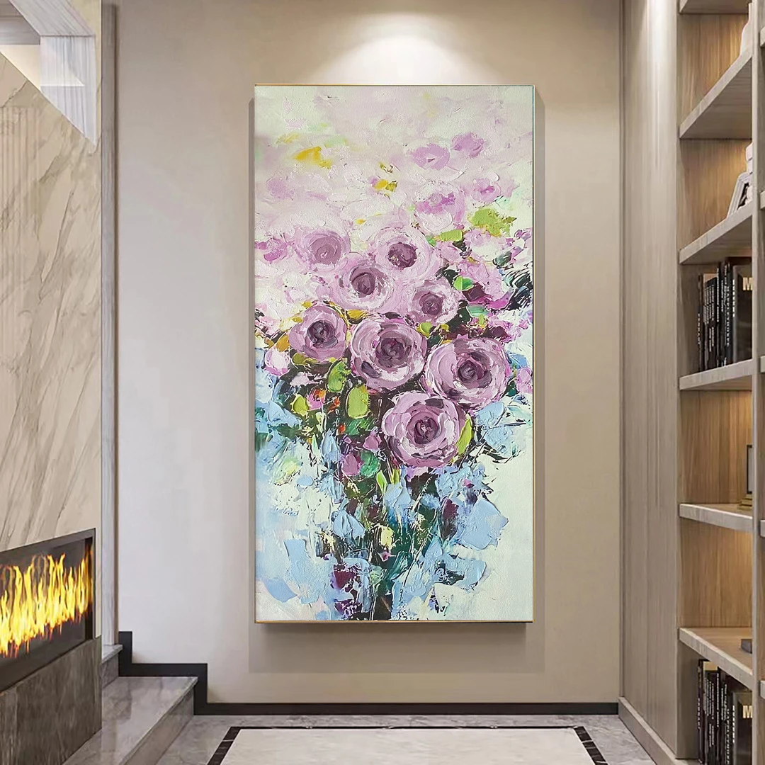 XG 693 紫色花朵玄关画手工砂岩添笔抽象装饰画玄关画轻奢背景