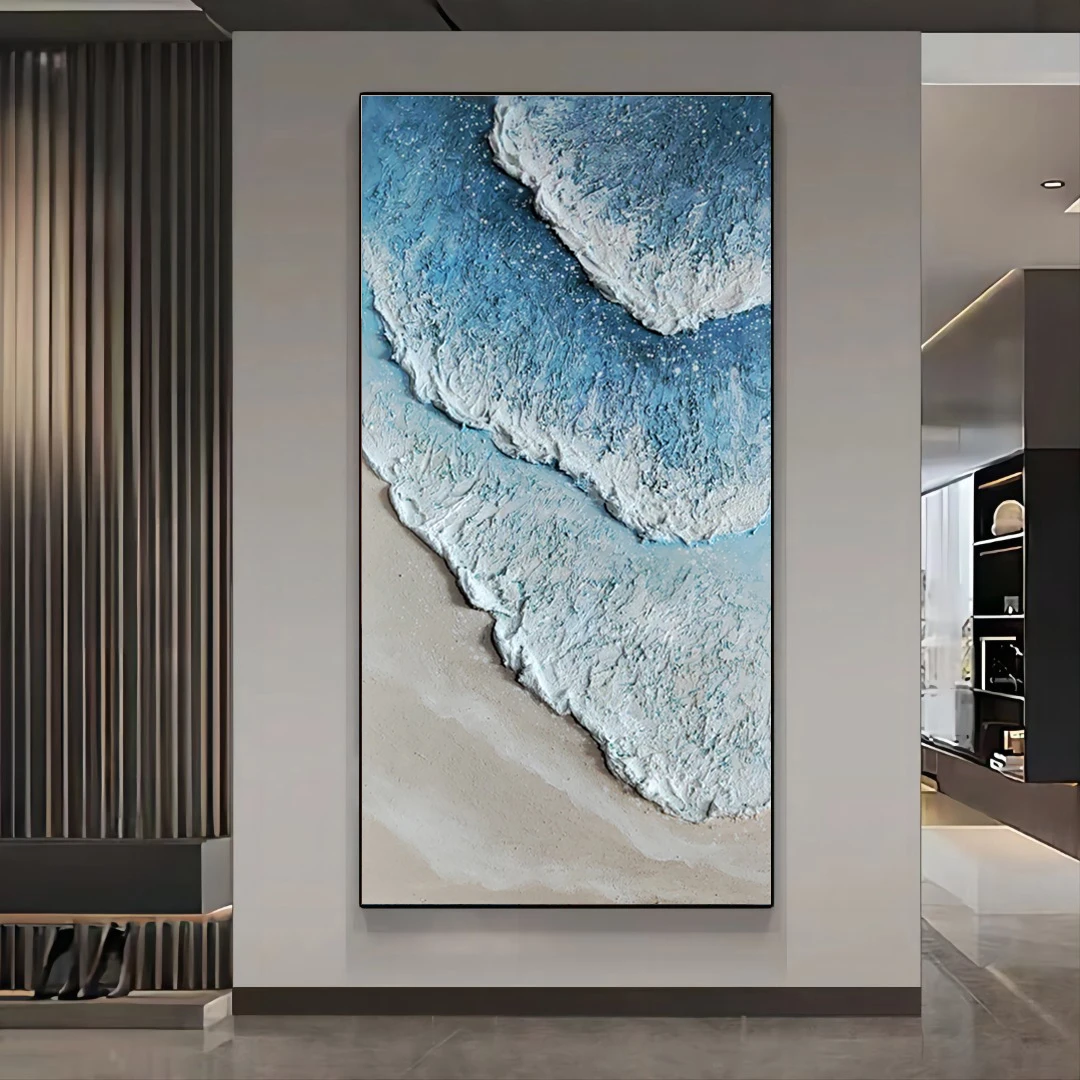 XG 684 沙滩海浪手绘油画原创玄关装饰画玄关落地画轻奢背景
