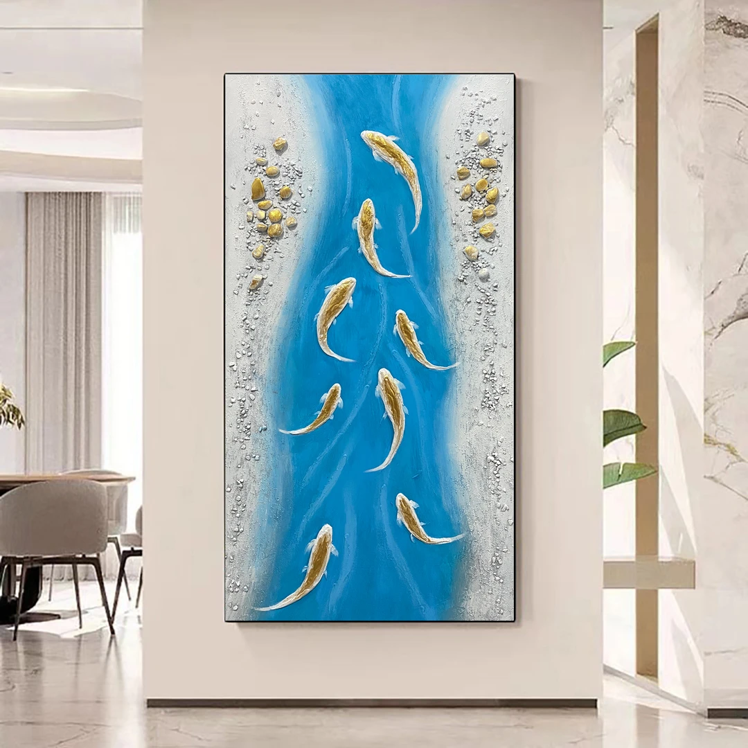 XG 696  九鱼玄关画手绘油画装饰画轻奢背景