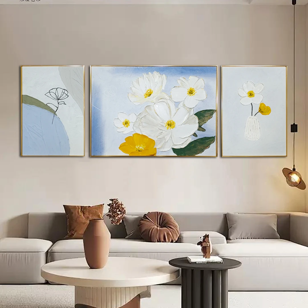 SF 234纯手绘油画花卉现代装饰画客厅三联画沙发轻奢背景肌理油画