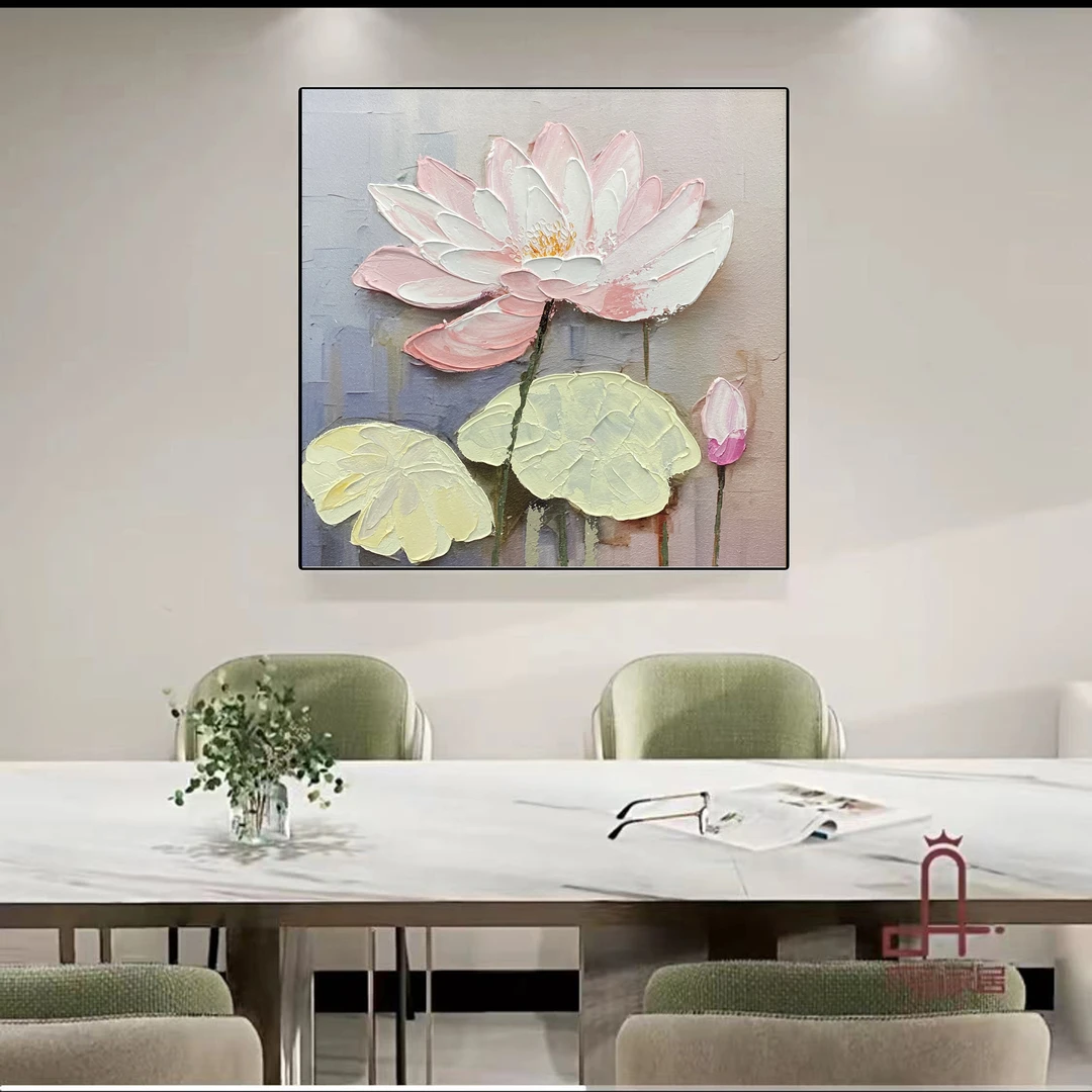 339-16 荷花轻奢简美高级感装饰画手工砂岩添笔餐厅画