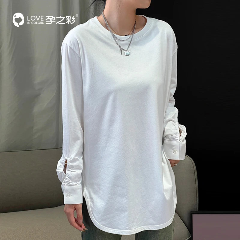 孕之彩孕妇春秋新款全棉白色长袖T恤宽松时尚抽褶衬衫袖打底上衣