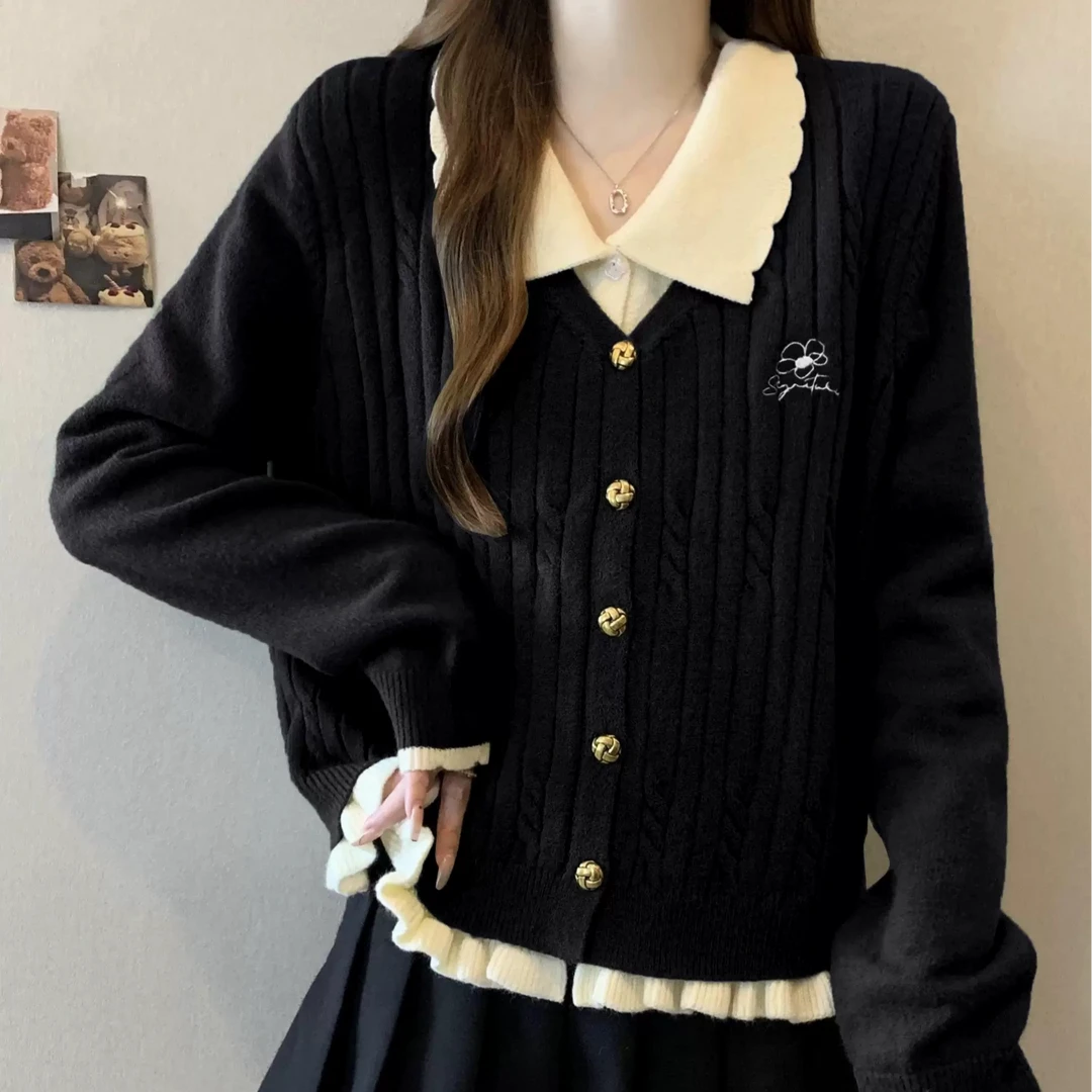 9207#娃娃领正肩针织女秋冬款大码胖mm假两件上衣