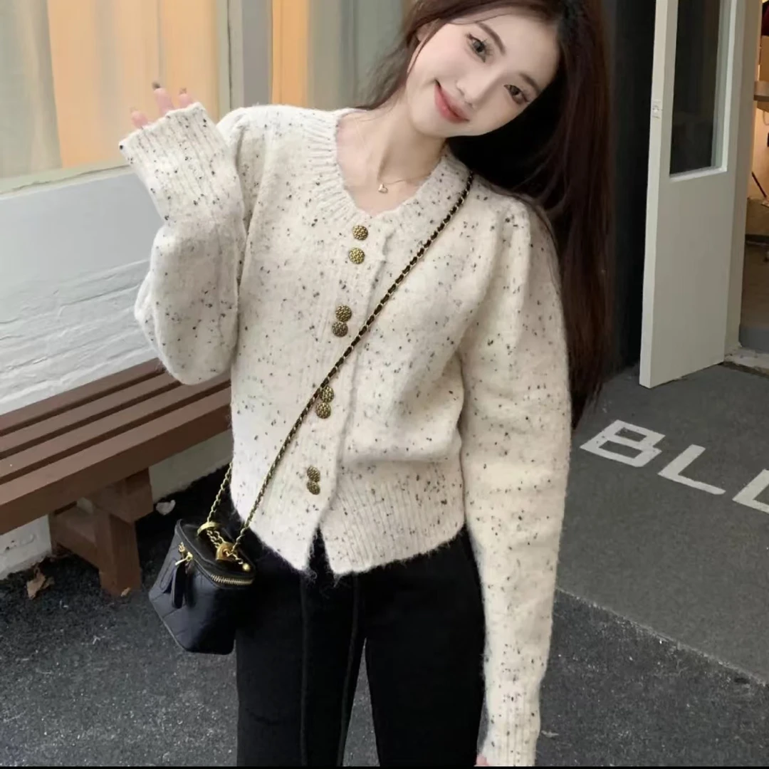 057#秋冬新款大码蓝纹奶酪气质长袖针织衫开衫温柔巨显瘦上衣