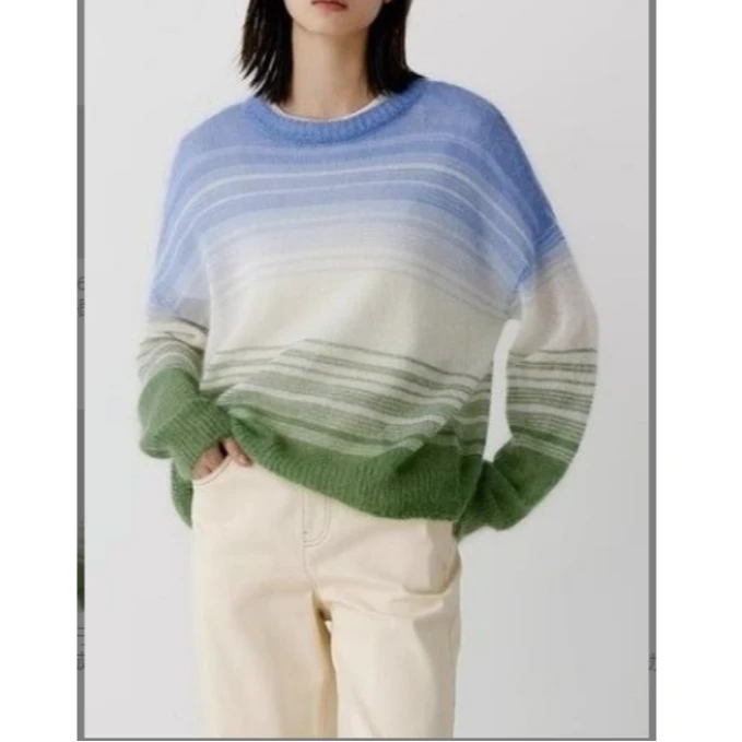 【小虫儿】慵懒风毛衣宽松长袖时尚渐变拼色百搭圆领女