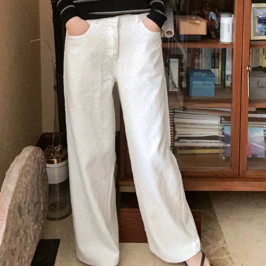 别致优雅 白色宽松四季阔腿裤长裤牛显瘦仔裤休闲裤子