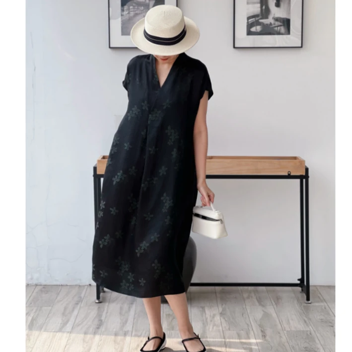 （YY推荐）国风古韵 气质时尚复古提花显瘦春夏香云纱桑蚕丝连衣裙