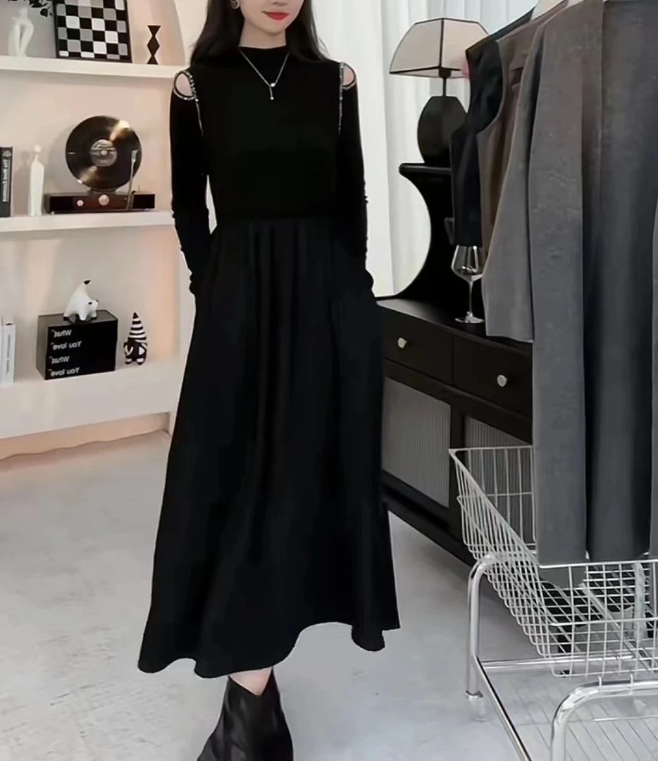 【胖大心】大码女装收腰显瘦秋款露肩赫本风黑色连衣裙26878717