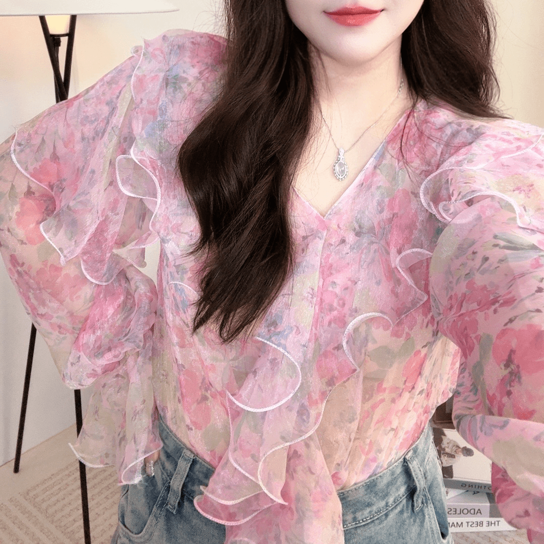 z【现货】新款8527碎花时尚洋气小众衬衫长袖上衣