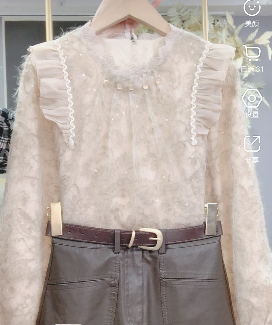 新款4142蕾丝时尚休闲洋气宽松复古小众打底气质衬衫上衣