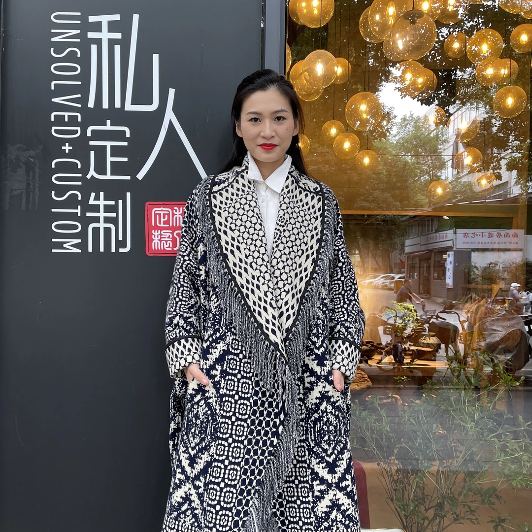 蓝色菱格双面穿中长款流苏秋冬气质宽松大气时尚阔版青果领大衣