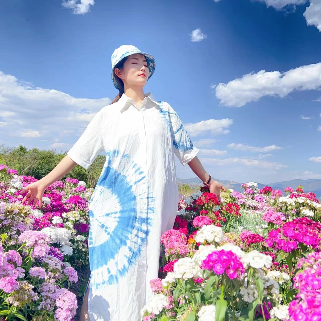 《周城蓝扎染》新款扎染连衣裙长裙夏季宽松长款防晒显瘦时尚开衫裙